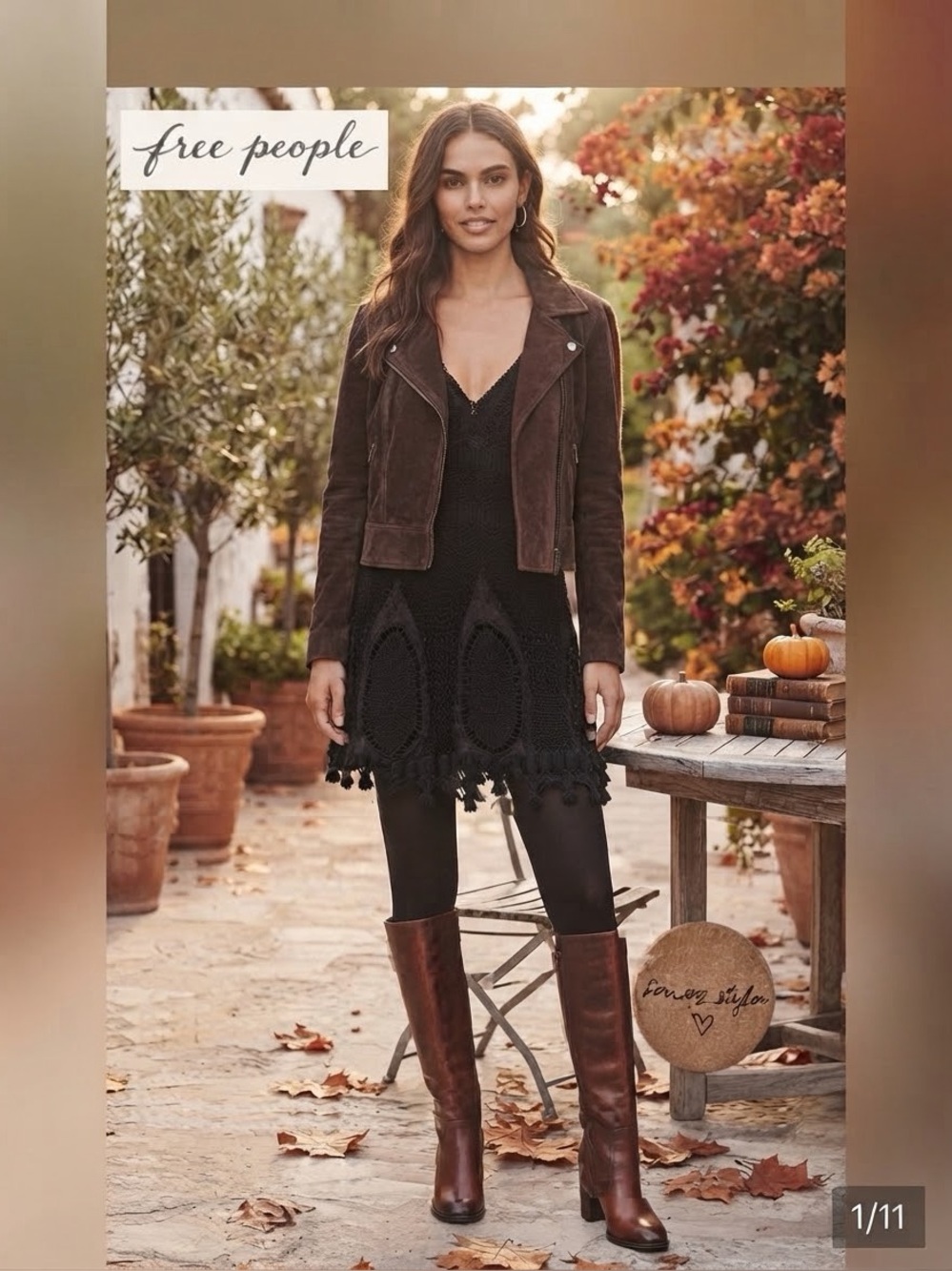 Free People Black Crochet V-Neck Mini Dress with Scalloped Hem
